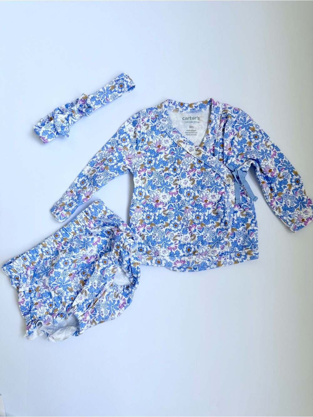 Carter's Blue Floral Long-Sleeve Shirt and Bloomer Set with Headband Size 3 Mon
